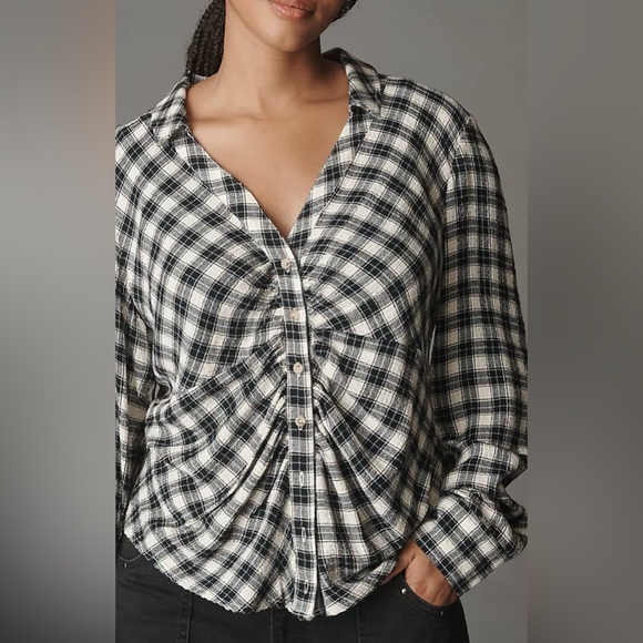 Anthropologie Tops - Anthropologie Pilcro The Keaton Ruched Collared Blouse Top Black White Size XS
